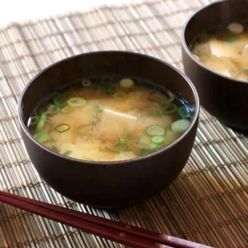 Miso Soup — Soybean soup, tofu, seaweed and scallions.