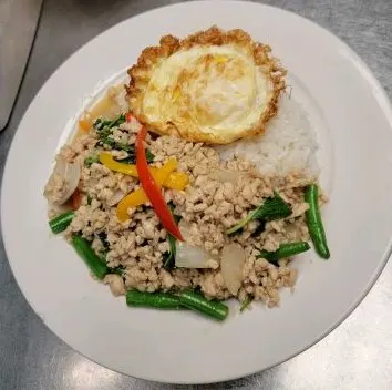 Pad Ka Phao (Spicy Thai Basil) — Stir-fried with fresh chilli, garlic and fresh Thai basil leaves.