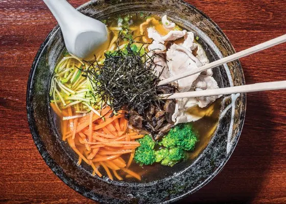 Ramen — Japanese egg noddles in Shoyu broth with vegetables and shiitake mushrooms.