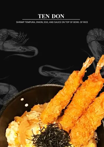 Ten Don — Shrimp tempura, onion, egg and sauce on top of a bowl of rice.