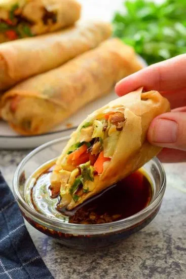Porpia Tod (Vegetable Spring Roll) — Cabbage, carrots, black mushrooms and bean thread noodles wrapped in spring roll skin, deep fried, and served with sweet and tangy chili sauce.