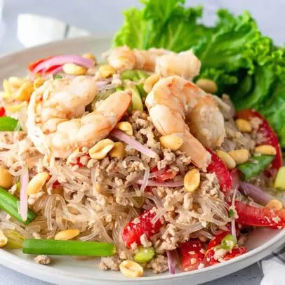 Yum Woon Sen — Bean threads, shrimp, minced chicken, cherry tomatoes, shallots, cilantro, and green onions tossed with fresh chili lime dressing and served on bed of crisp lettuce.